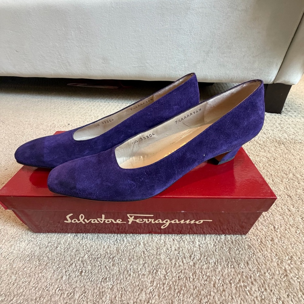 Salvatore Ferragamo Deep Purple Suede Low Heel Pumps